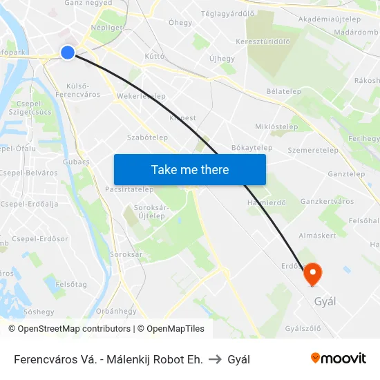 Ferencváros Vá. - Málenkij Robot Eh. to Gyál map