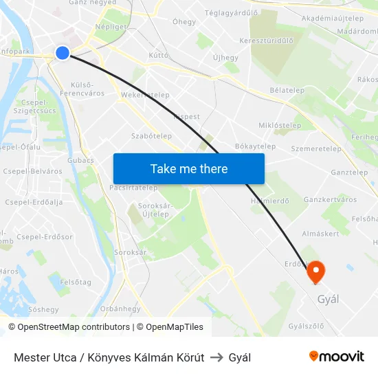 Mester Utca / Könyves Kálmán Körút to Gyál map