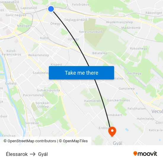 Élessarok to Gyál map