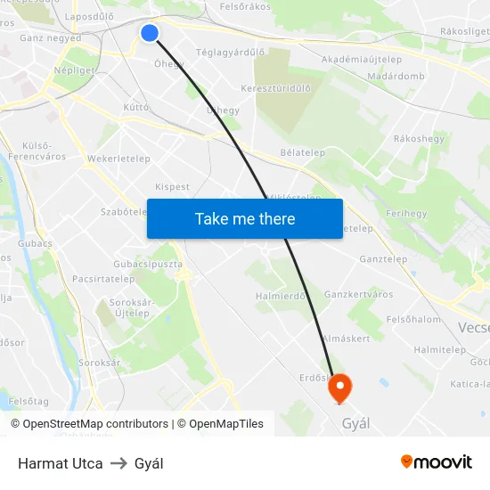 Harmat Utca to Gyál map