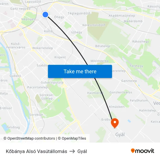Kőbánya Alsó Vasútállomás to Gyál map