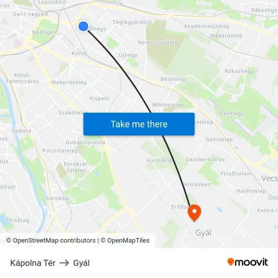 Kápolna Tér to Gyál map
