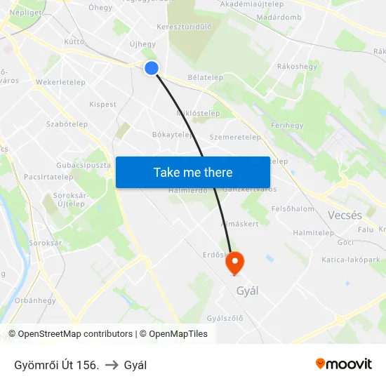 Gyömrői Út 156. to Gyál map