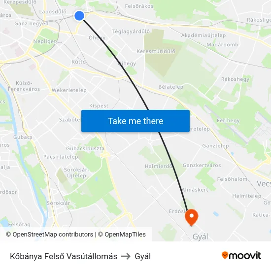 Kőbánya Felső Vasútállomás to Gyál map