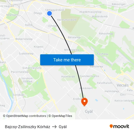 Bajcsy-Zsilinszky Kórház to Gyál map