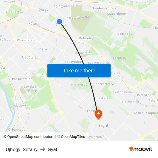 Újhegyi Sétány to Gyál map