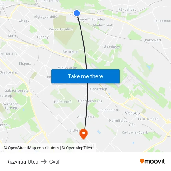 Rézvirág Utca to Gyál map