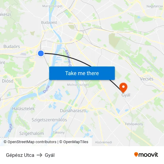 Gépész Utca to Gyál map