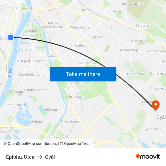Építész Utca to Gyál map