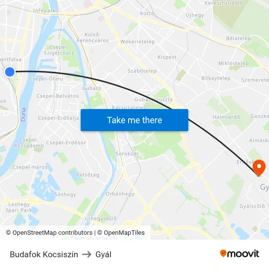 Budafok Kocsiszín to Gyál map