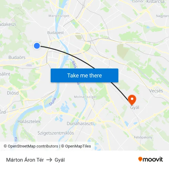 Márton Áron Tér to Gyál map