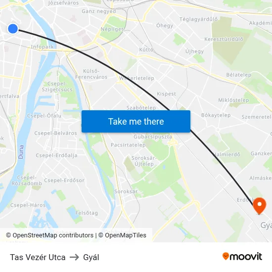 Tas Vezér Utca to Gyál map
