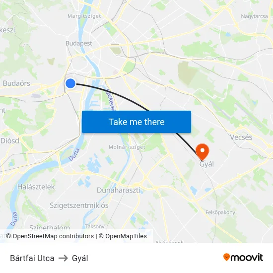 Bártfai Utca to Gyál map