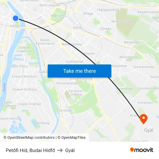 Petőfi Híd, Budai Hídfő to Gyál map