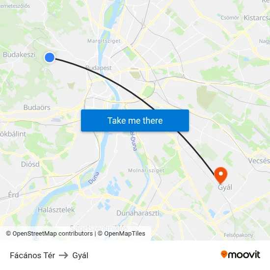 Fácános Tér to Gyál map