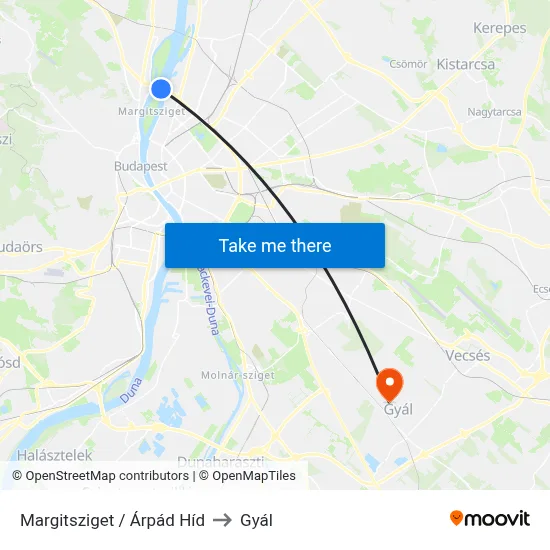 Margitsziget / Árpád Híd to Gyál map