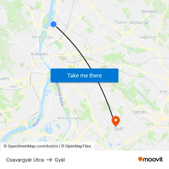 Csavargyár Utca to Gyál map