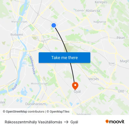 Rákosszentmihály Vasútállomás to Gyál map