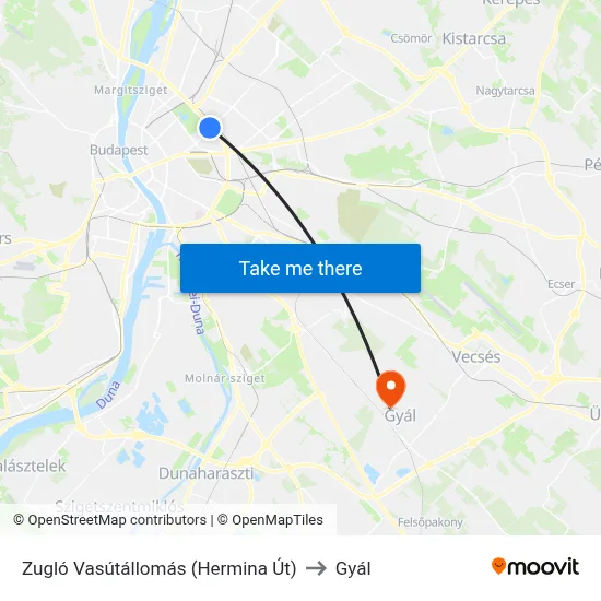 Zugló Vasútállomás (Hermina Út) to Gyál map