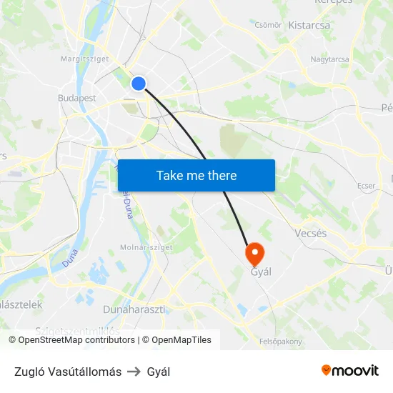 Zugló Vasútállomás to Gyál map