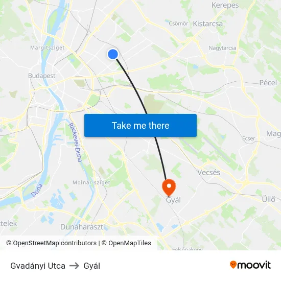 Gvadányi Utca to Gyál map