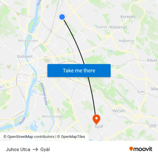 Juhos Utca to Gyál map