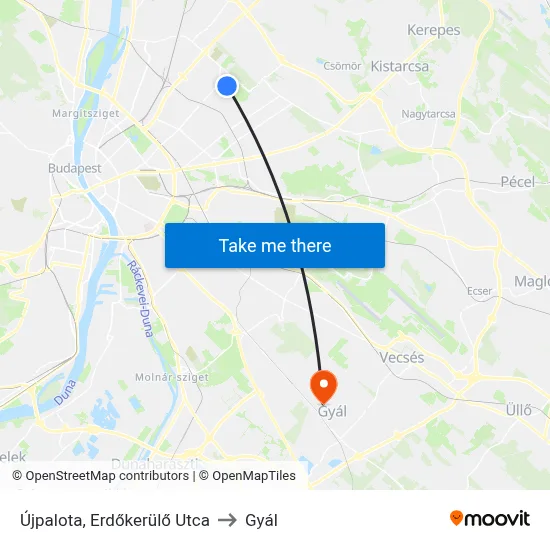 Újpalota, Erdőkerülő Utca to Gyál map