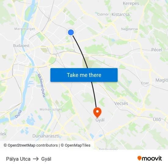 Pálya Utca to Gyál map