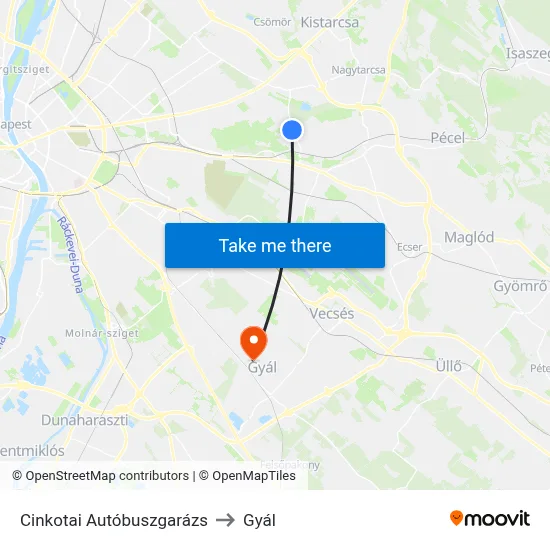 Cinkotai Autóbuszgarázs to Gyál map