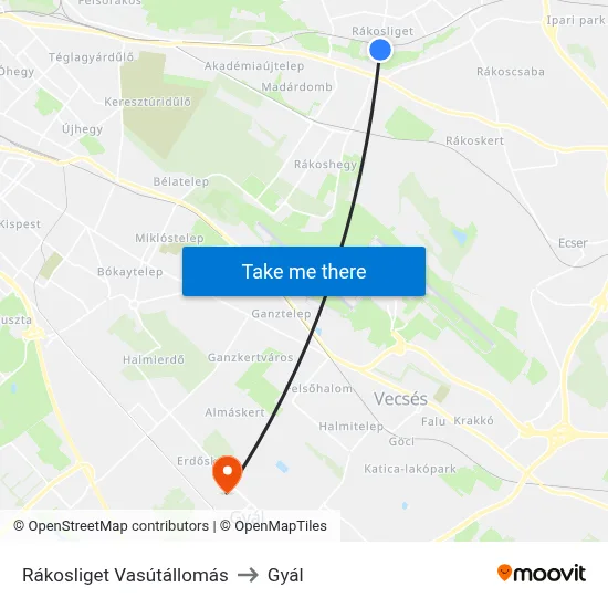 Rákosliget Vasútállomás to Gyál map