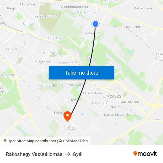 Rákoshegy Vasútállomás to Gyál map