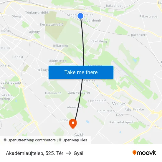Akadémiaújtelep, 525. Tér to Gyál map