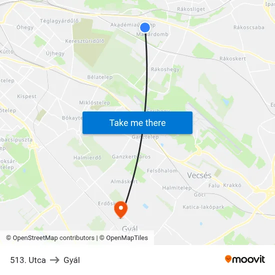 513. Utca to Gyál map