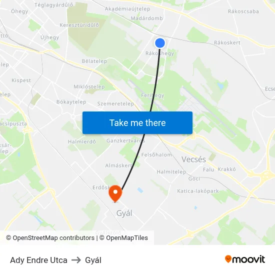 Ady Endre Utca to Gyál map