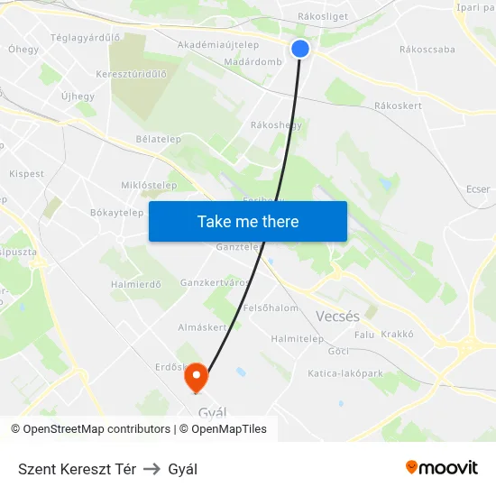 Szent Kereszt Tér to Gyál map