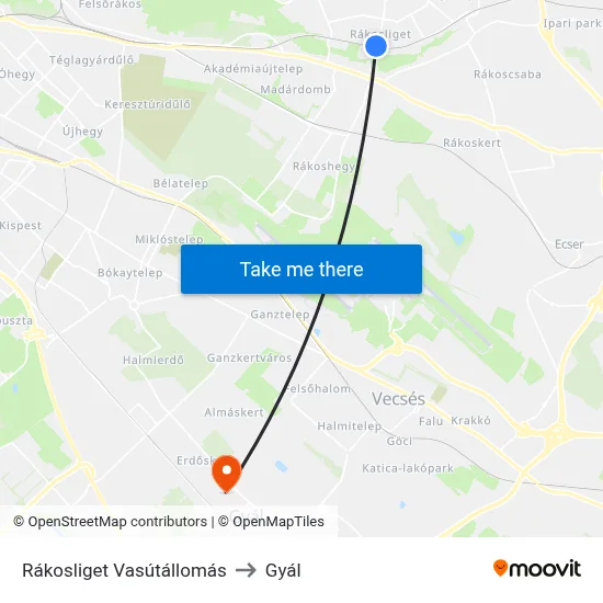 Rákosliget Vasútállomás to Gyál map
