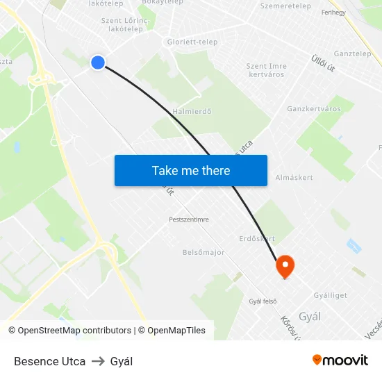 Besence Utca to Gyál map