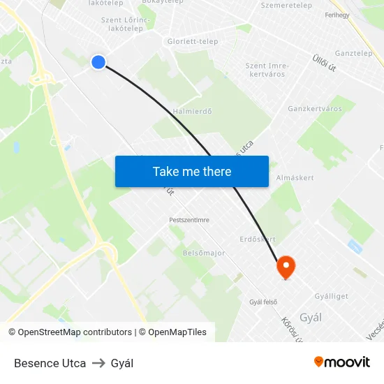 Besence Utca to Gyál map