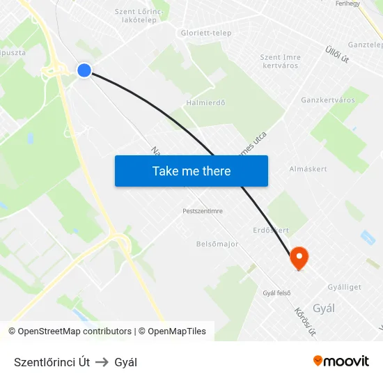 Szentlőrinci Út to Gyál map