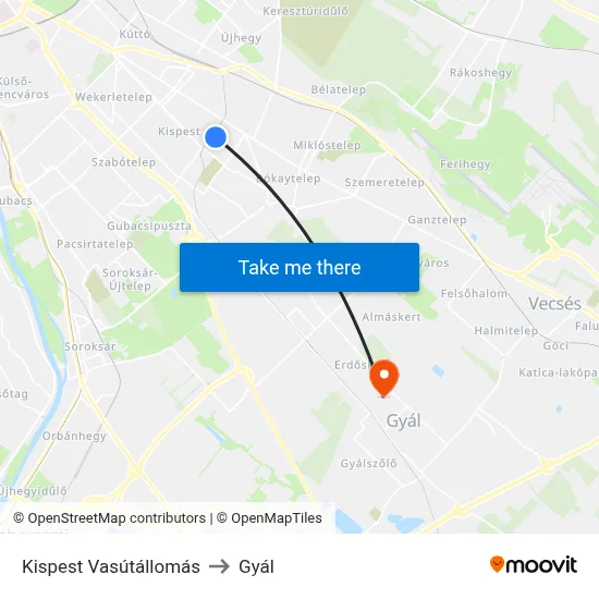 Kispest Vasútállomás to Gyál map