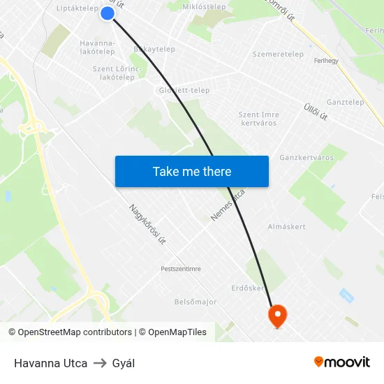 Havanna Utca to Gyál map