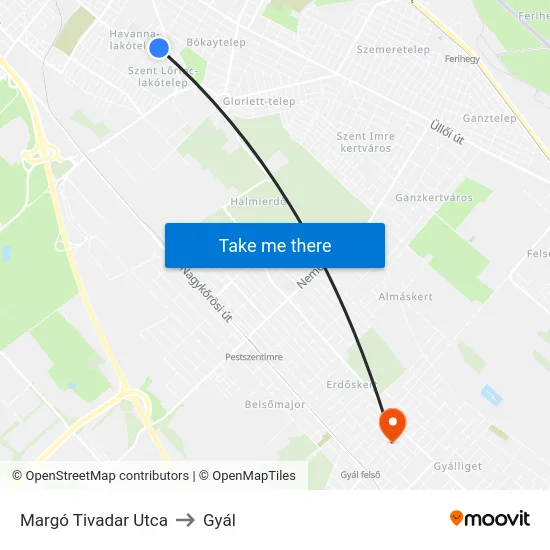 Margó Tivadar Utca to Gyál map