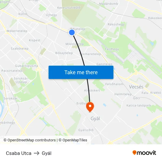 Csaba Utca to Gyál map
