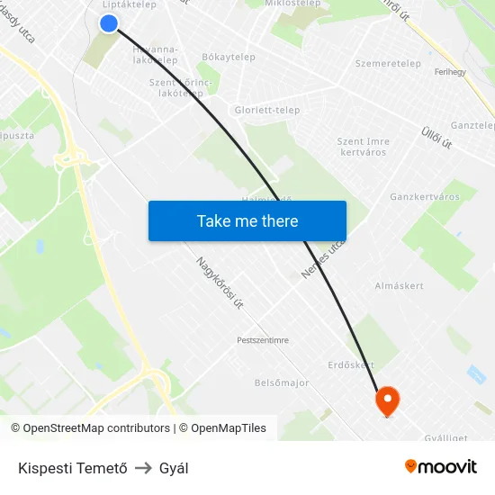 Kispesti Temető to Gyál map