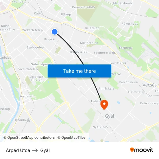Árpád Utca to Gyál map