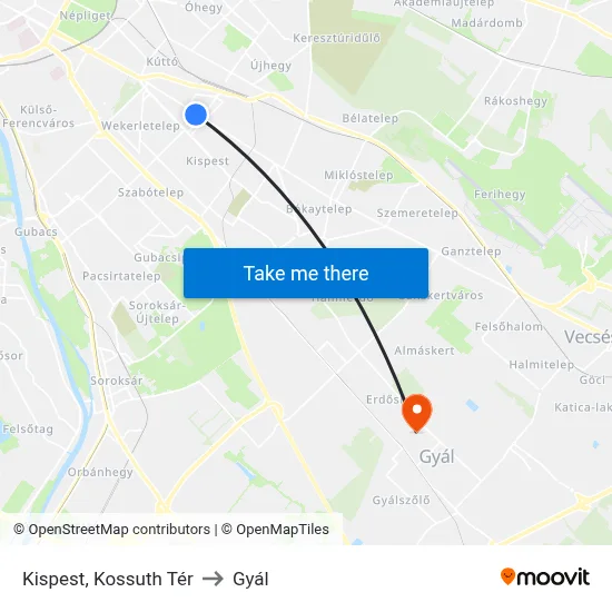 Kispest, Kossuth Tér to Gyál map