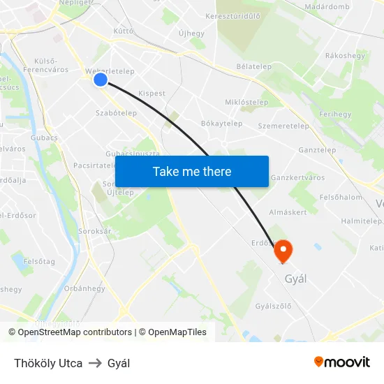 Thököly Utca to Gyál map