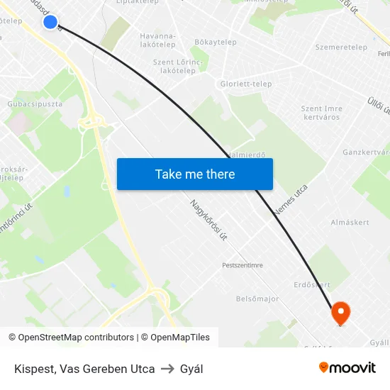 Kispest, Vas Gereben Utca to Gyál map