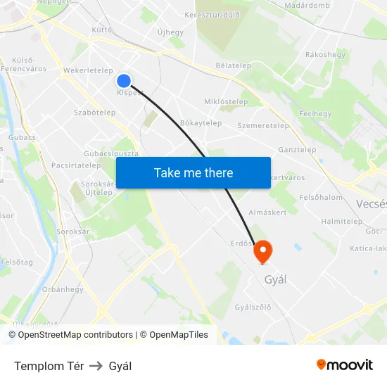 Templom Tér to Gyál map