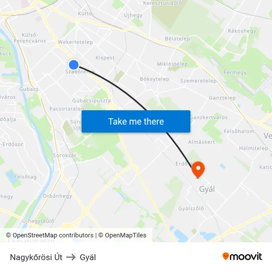 Nagykőrösi Út to Gyál map
